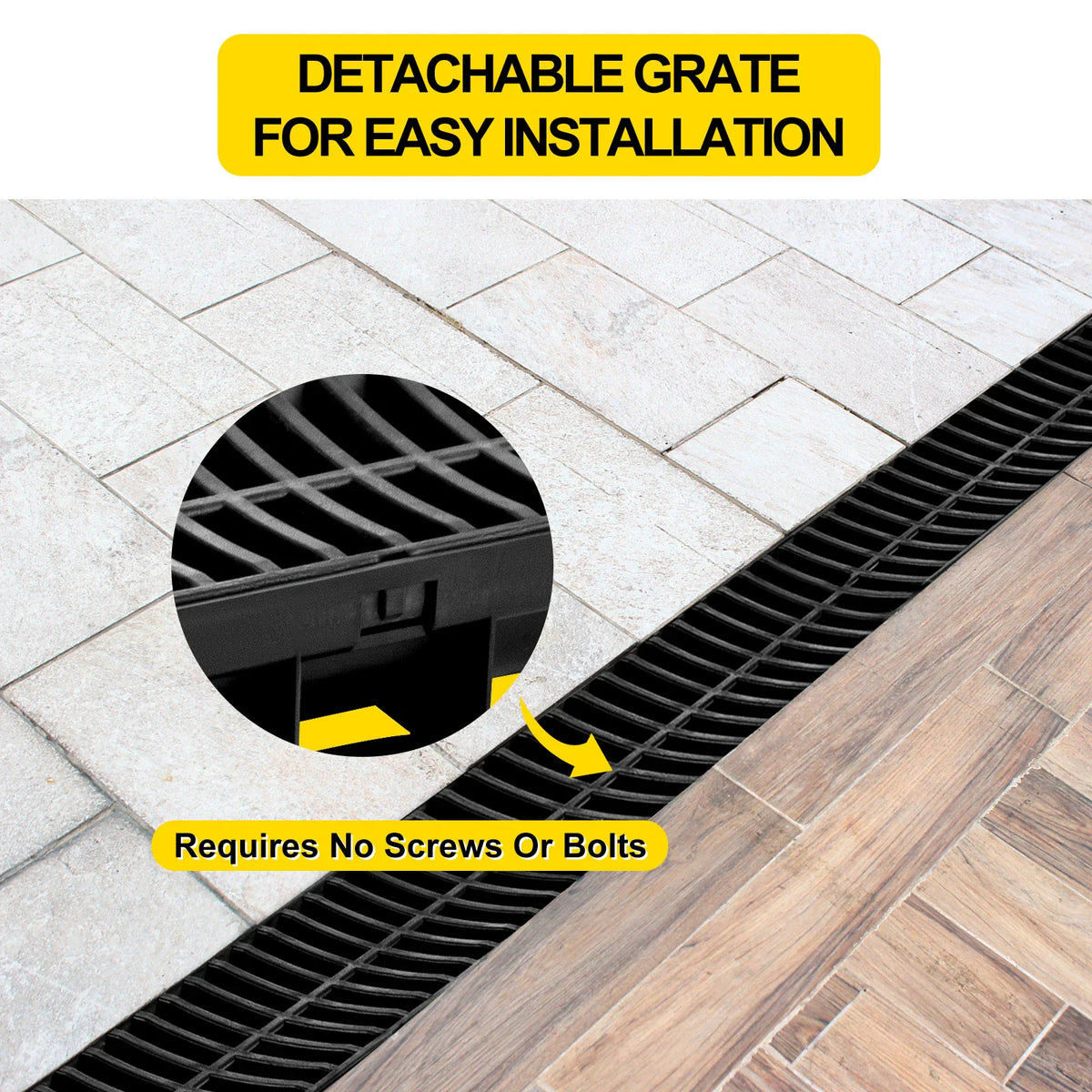 Outdoor trench drain installation detail on tiled floor with no screws or bolts