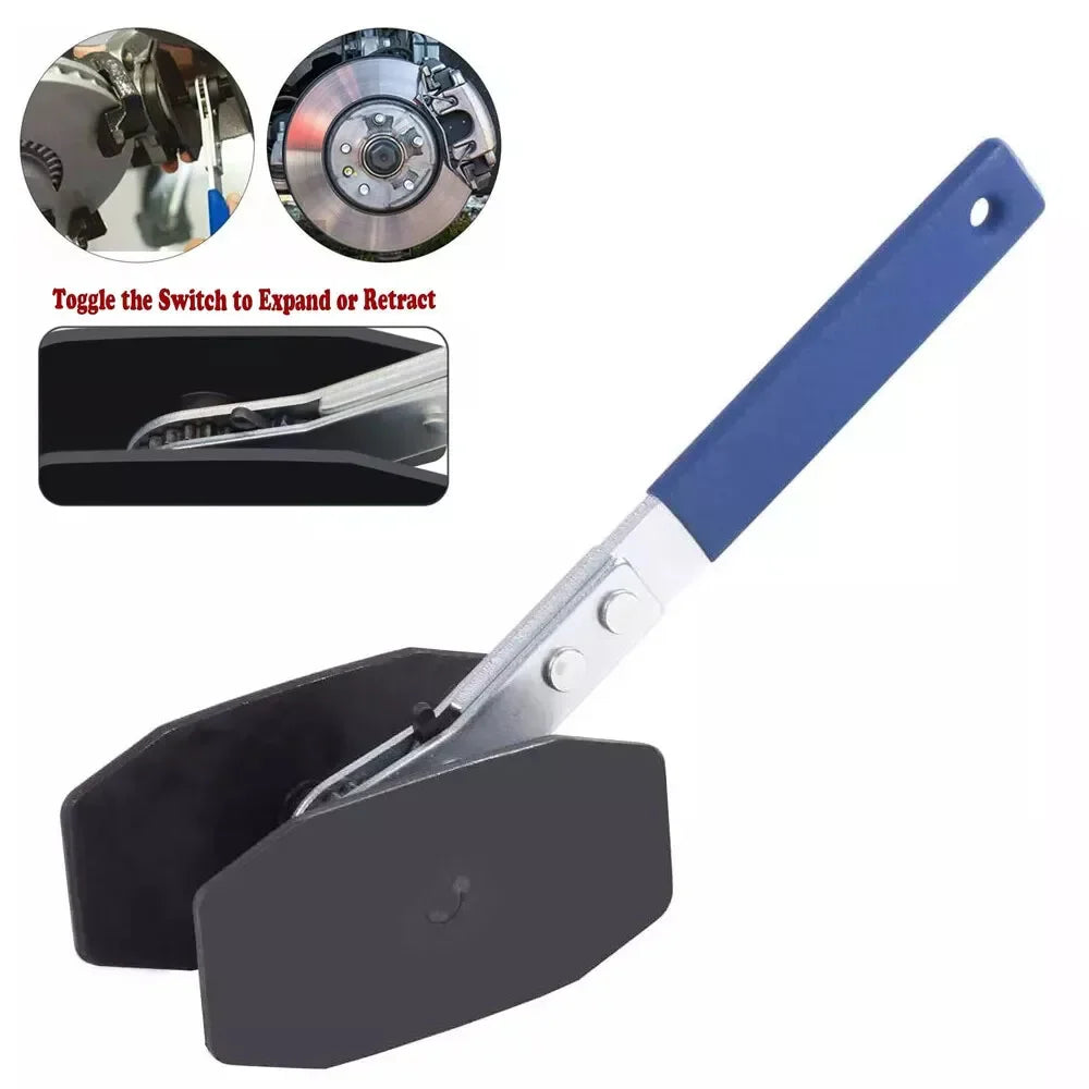 Brake piston caliper press tool with blue handle and metal spreader plates, showing usage on car brake components.