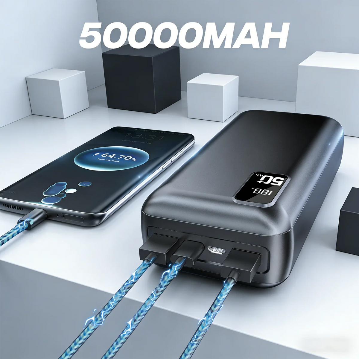 High-capacity power bank charging a smartphone with multiple cables
