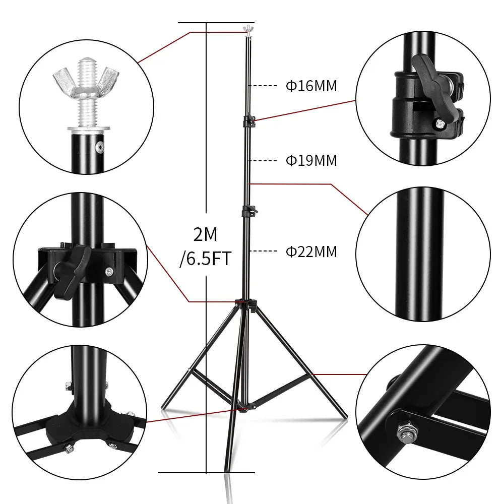 A detailed technical diagram of a photography light stand with measurements and feature highlights.