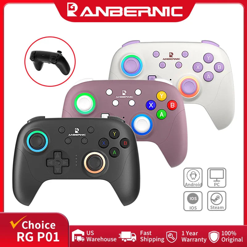 Anbernic RG P01 retro game controller in beige white with RGB lit joysticks.