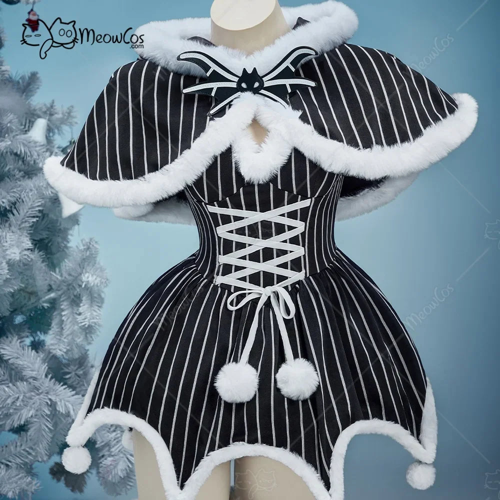 Women's gothic style striped dress with hooded capelet and white faux fur pom-poms