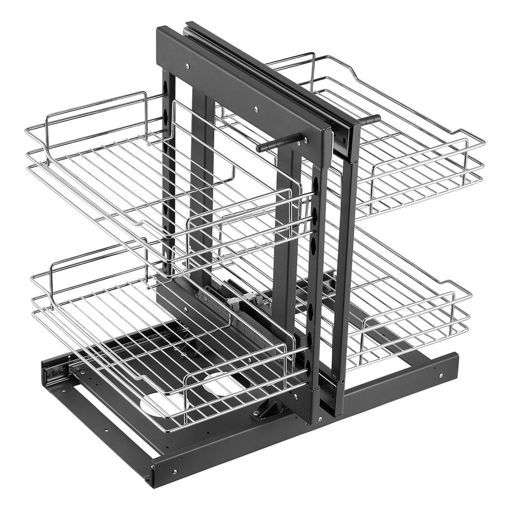 Double-layer wire pull-out cabinet organizer with black metal frame and chrome baskets