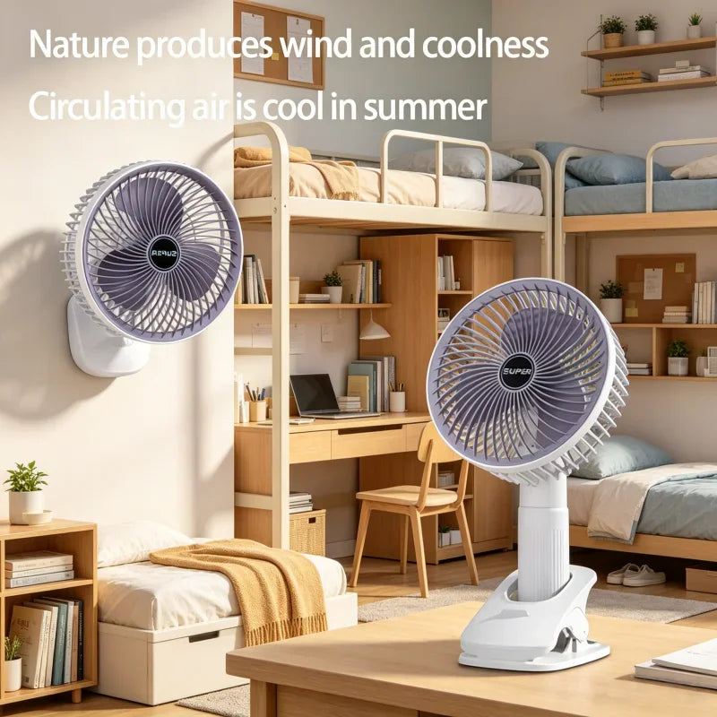 Small portable white desk fan with purple blades and a sturdy clamp base in a dorm room