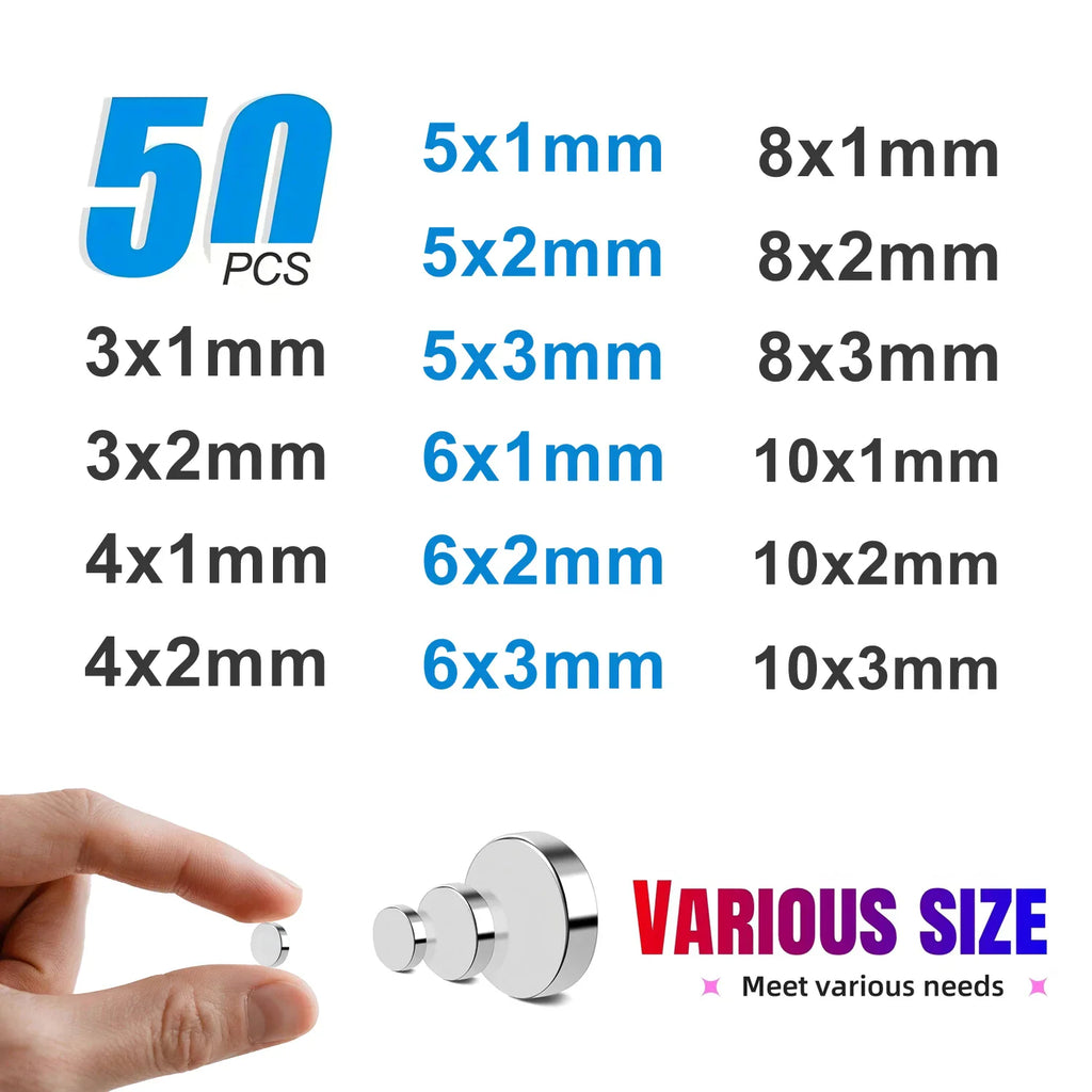 A variety of small round disc magnets in different sizes with a hand for scale.