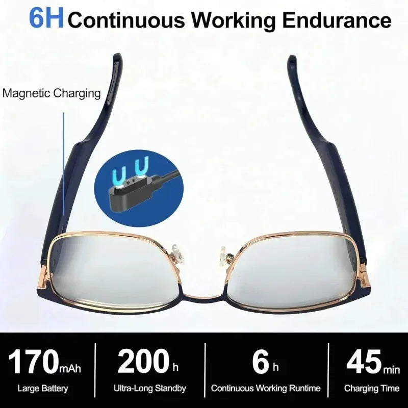 Smart glasses with magnetic charging and 6-hour battery life