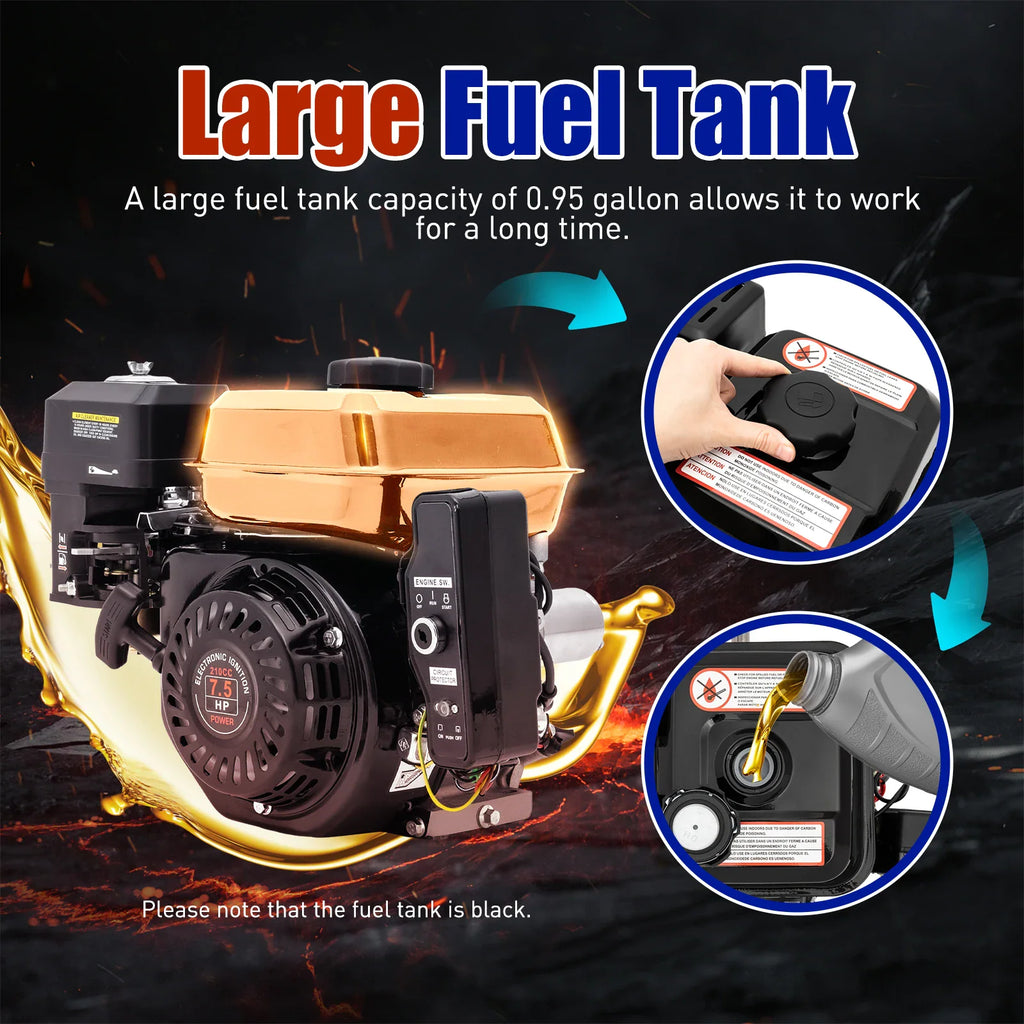 7.5HP 4-stroke 212cc black gasoline engine with fuel tank capacity and refueling details