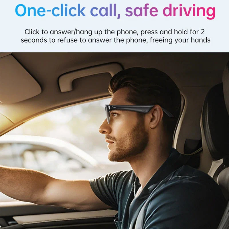 Man wearing smart sunglasses while driving a car