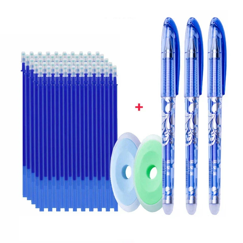 Set of erasable blue gel pens, ink refills, and circular erasers