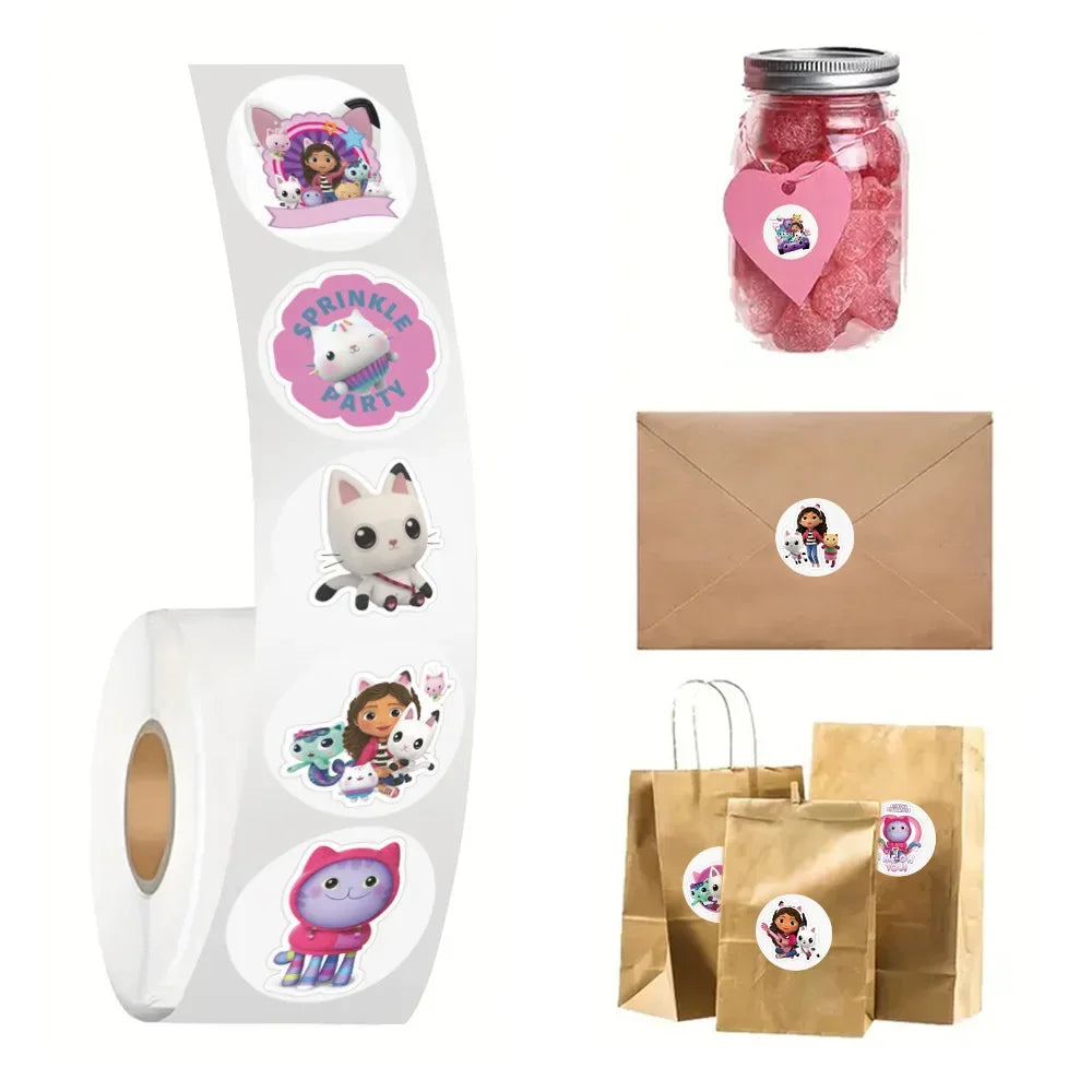 A roll of cartoon stickers shown with examples of stickers applied to a jar, an envelope, and paper bags.