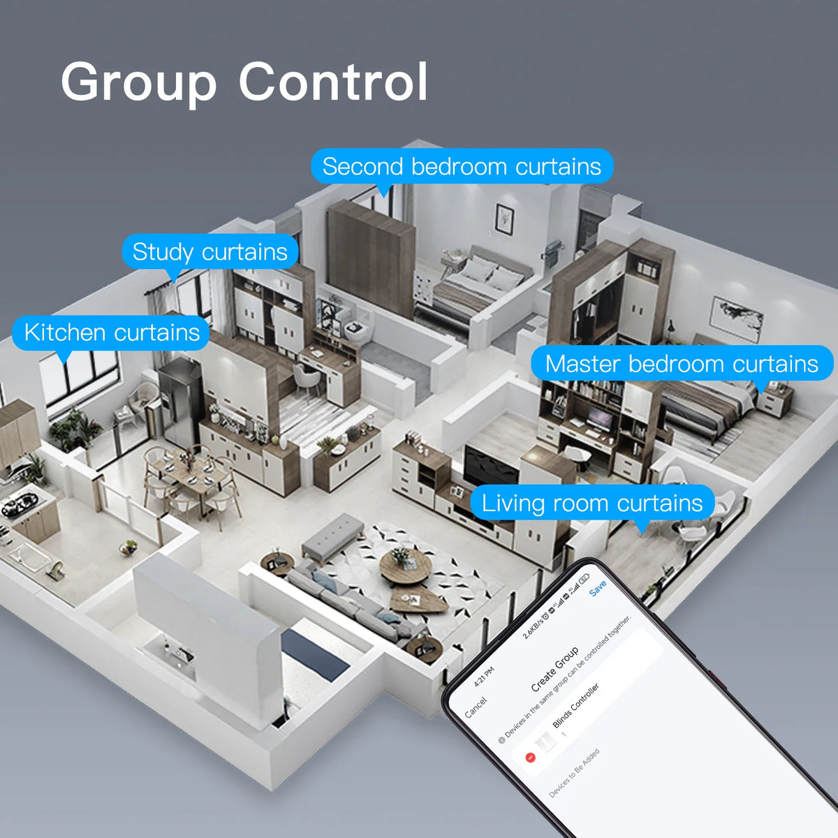 Smart home app interface for group control of motorized blinds in various rooms