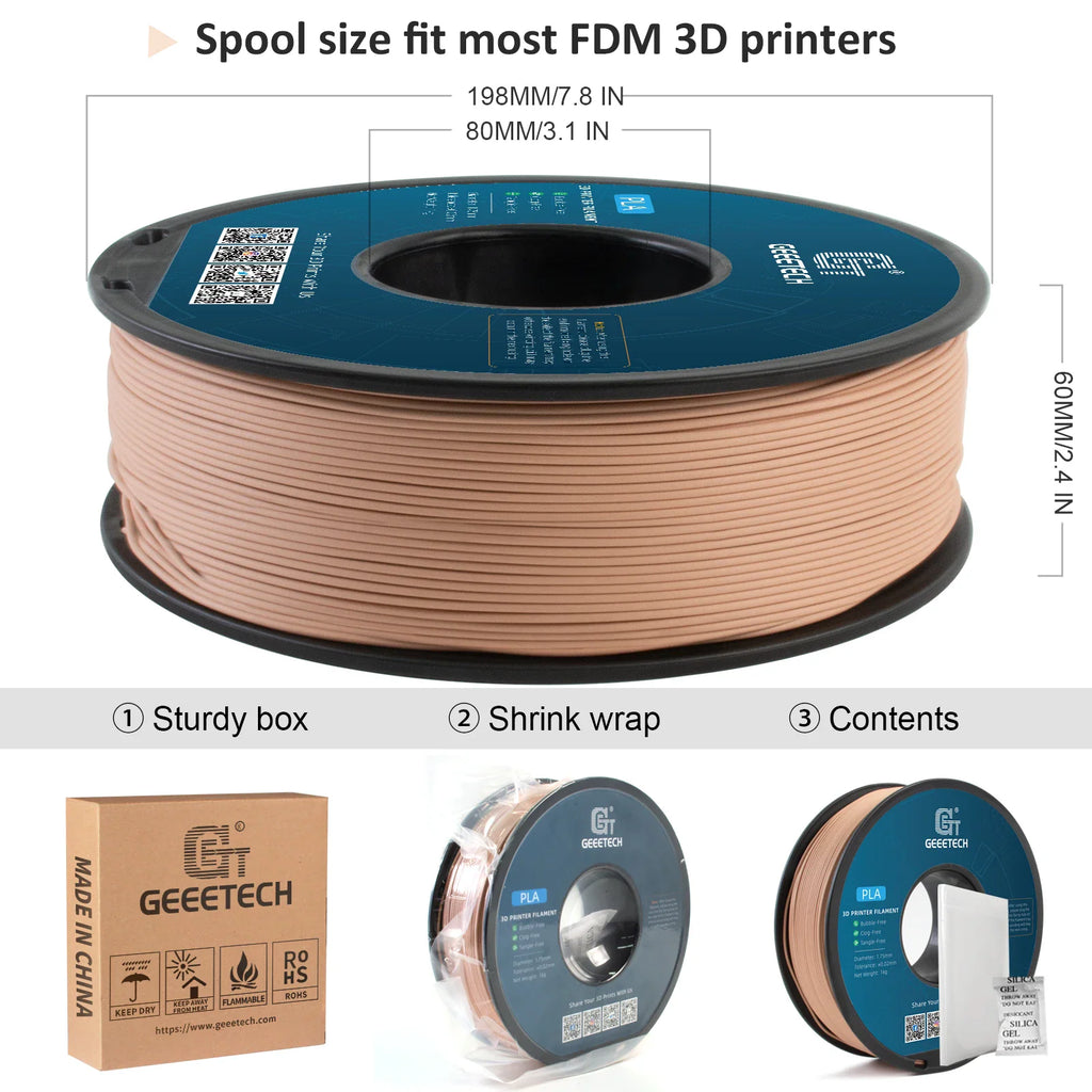 Technical dimensions of a 3D printer filament spool, plus images of its packaging and contents.