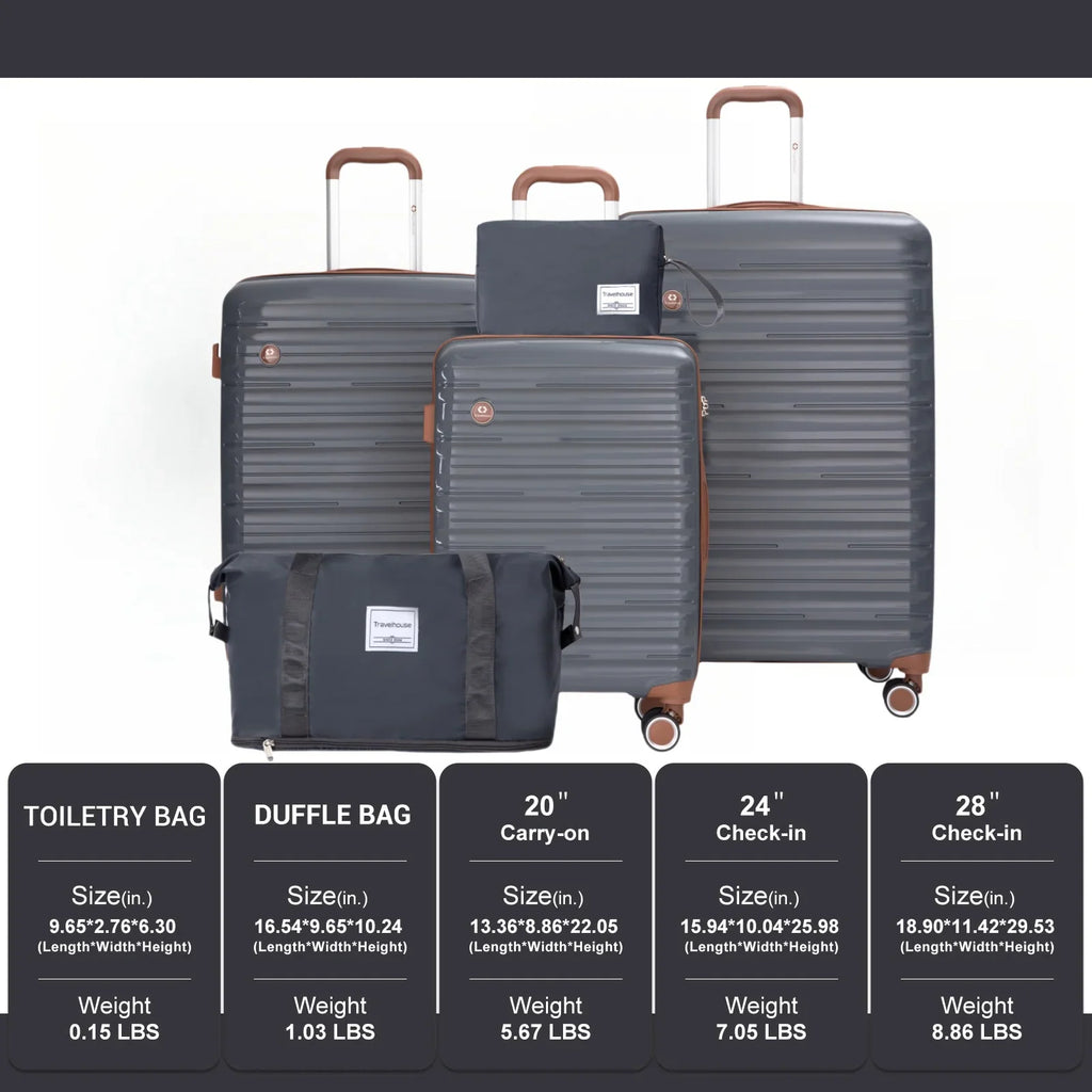 A 5-piece charcoal grey luggage set featuring suitcases, a duffle bag, and a travel pouch with a size specification chart.