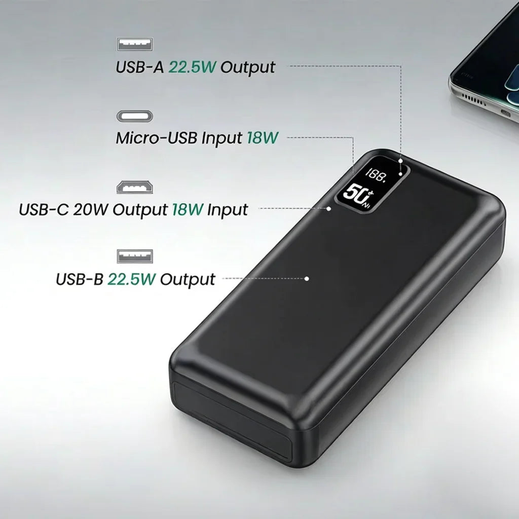 Black portable power bank showing input and output port specifications
