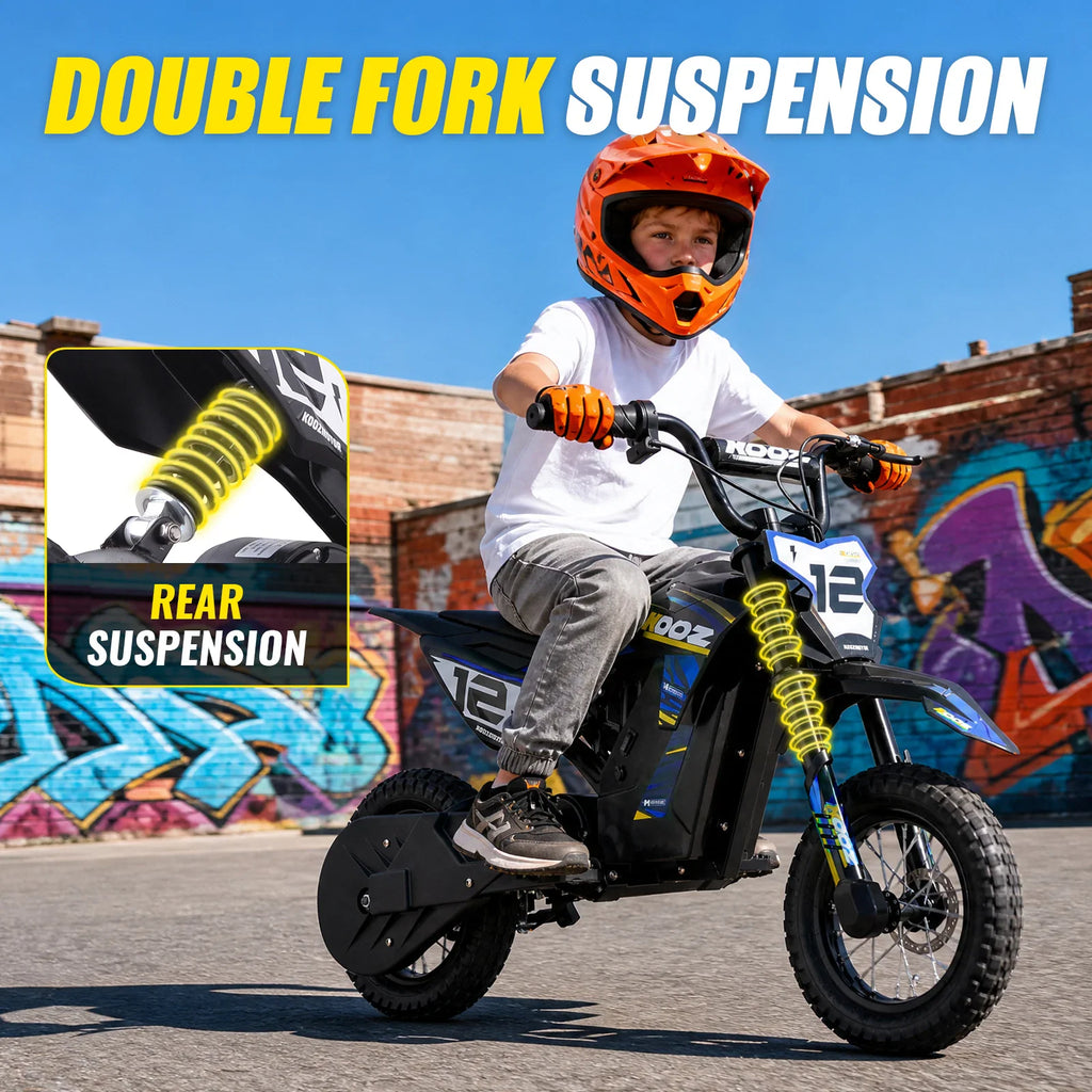 A young boy riding an electric dirt bike with highlights showing the front and rear suspension systems.