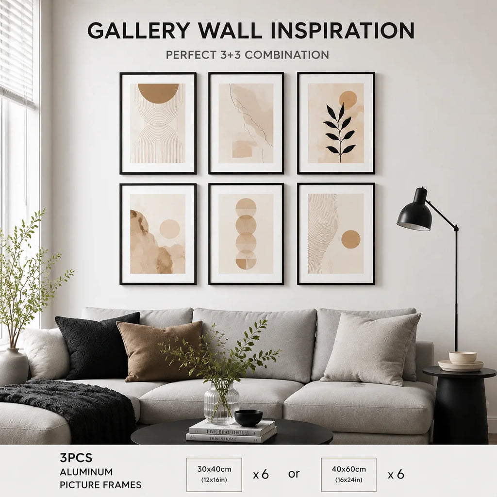 Gallery wall inspiration showing six matching abstract art pieces in black frames arranged above a sofa.