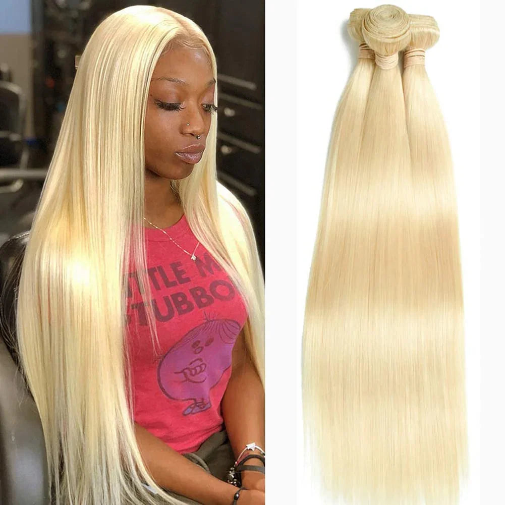Straight blonde human hair bundle and a model wearing a blonde wig