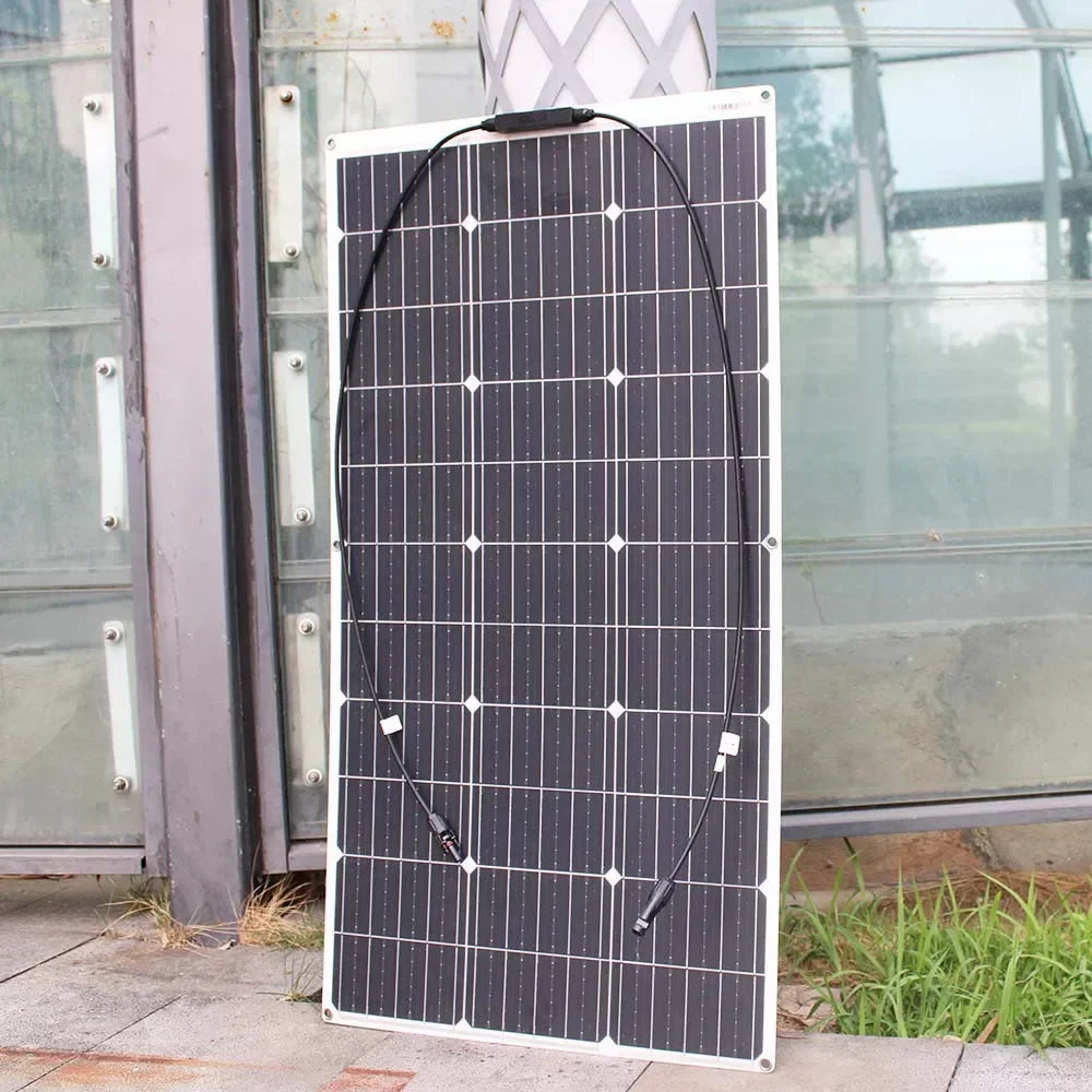 Flexible monocrystalline solar panel standing upright outdoors