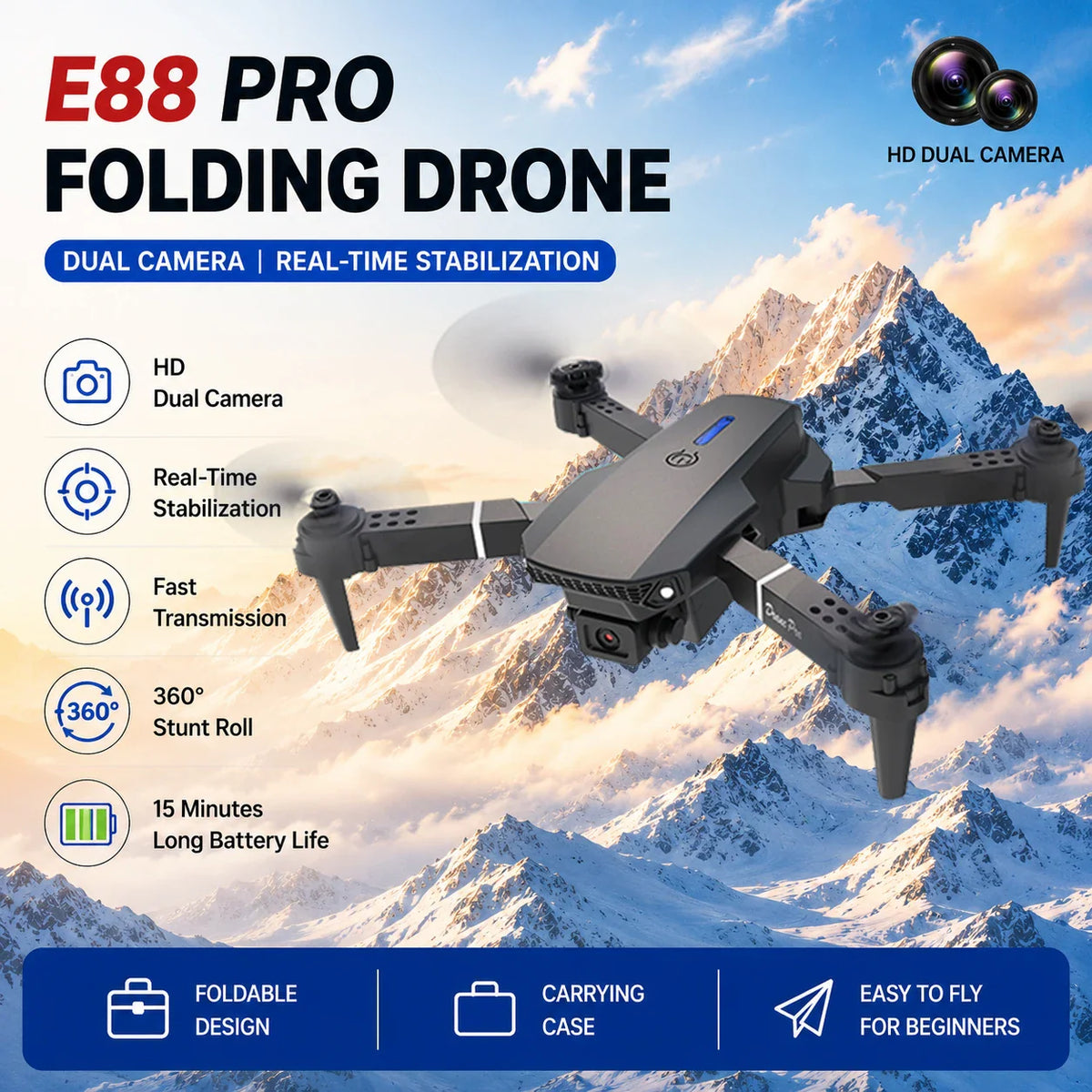 A black foldable drone in flight over a mountain landscape, highlighting key features with icons and labels.