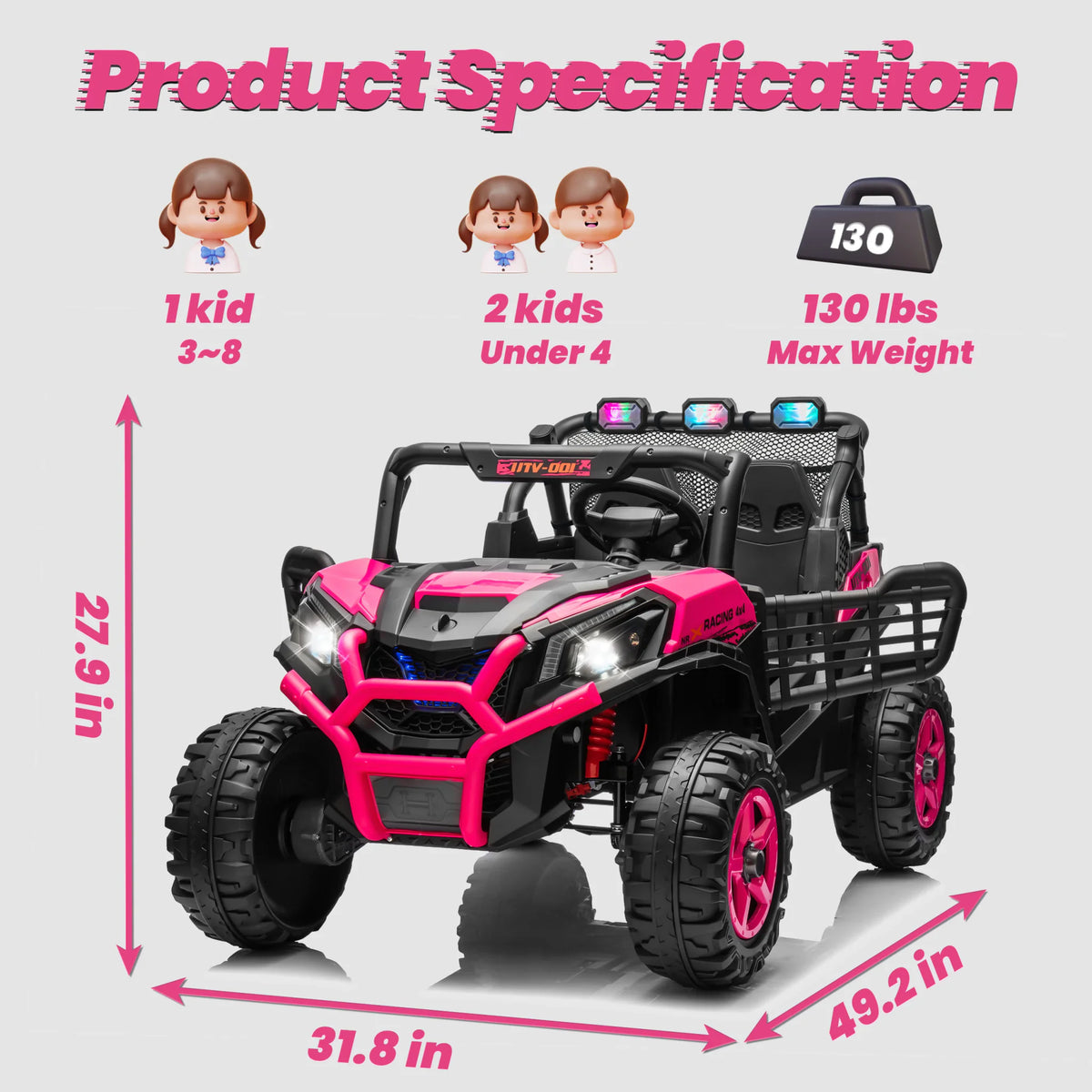 Pink 2-seater UTV toy car showing dimensions and passenger capacity