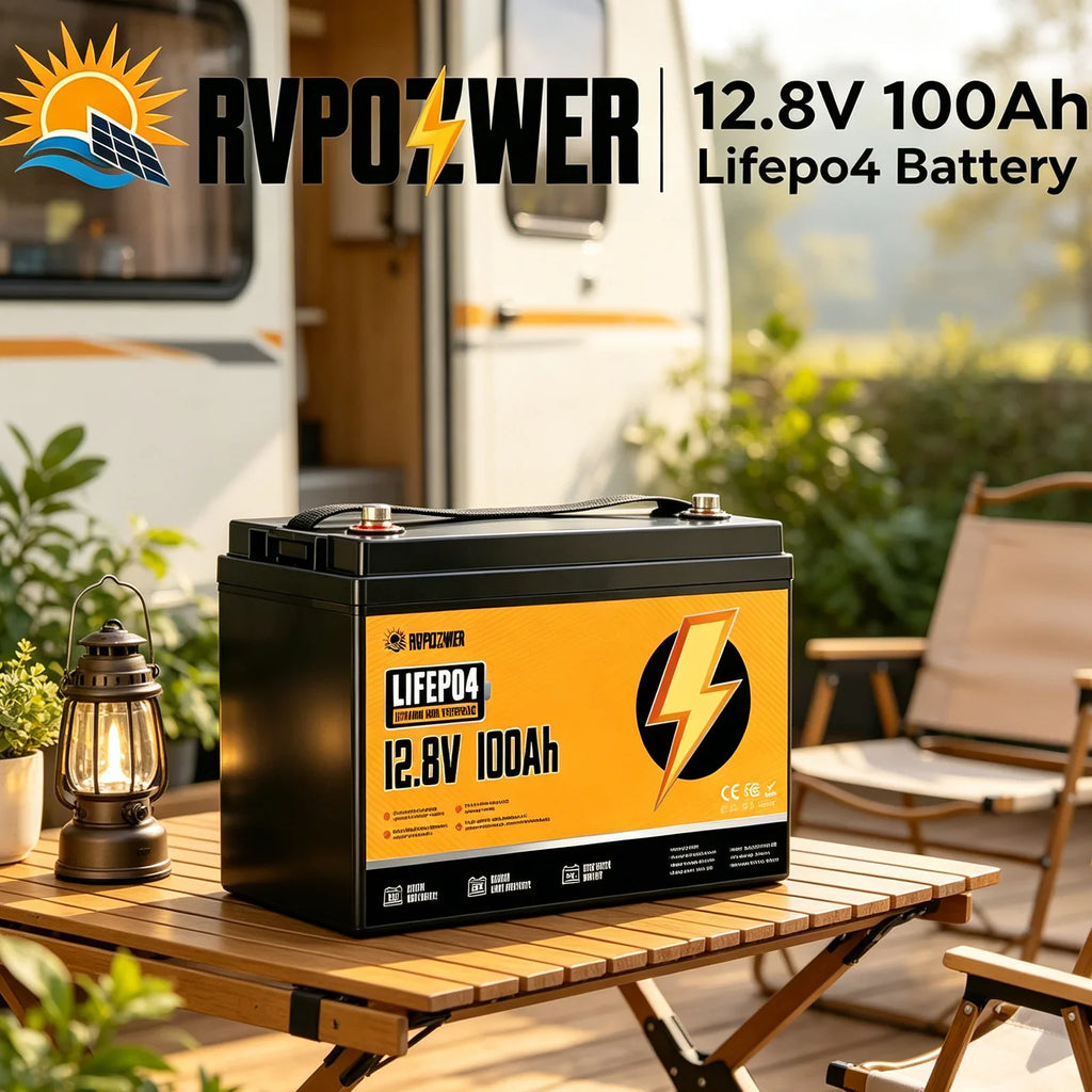 12.8V 100Ah lithium iron phosphate battery for solar RV power systems.