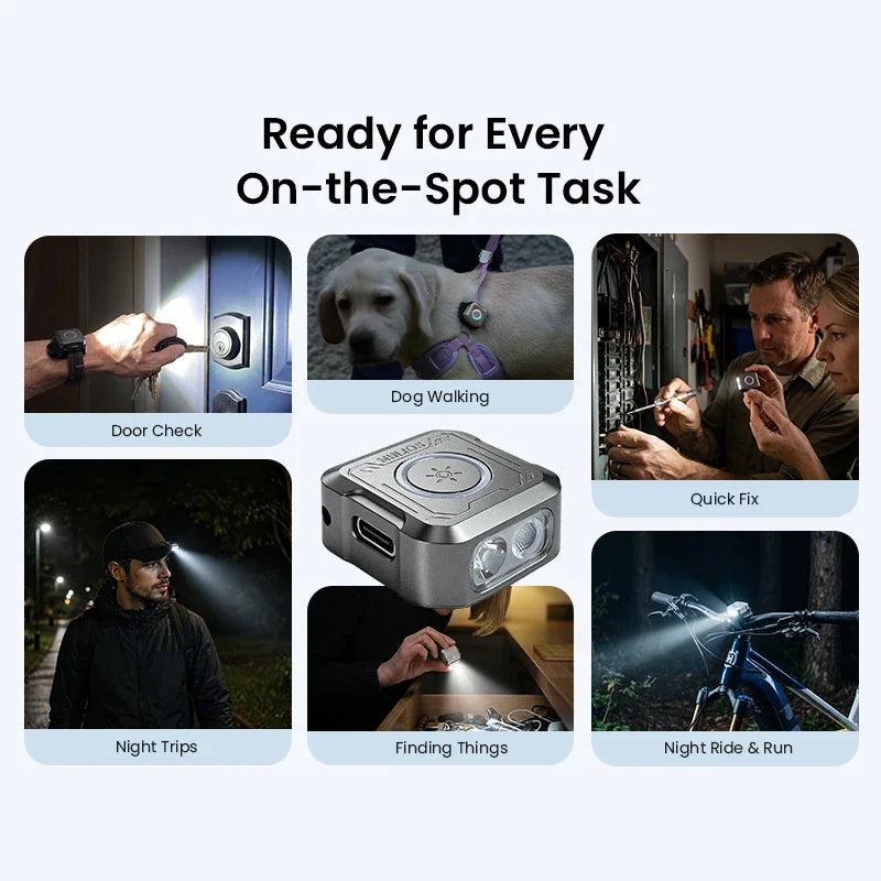 Various applications of a small square flashlight for daily tasks like dog walking and door checks