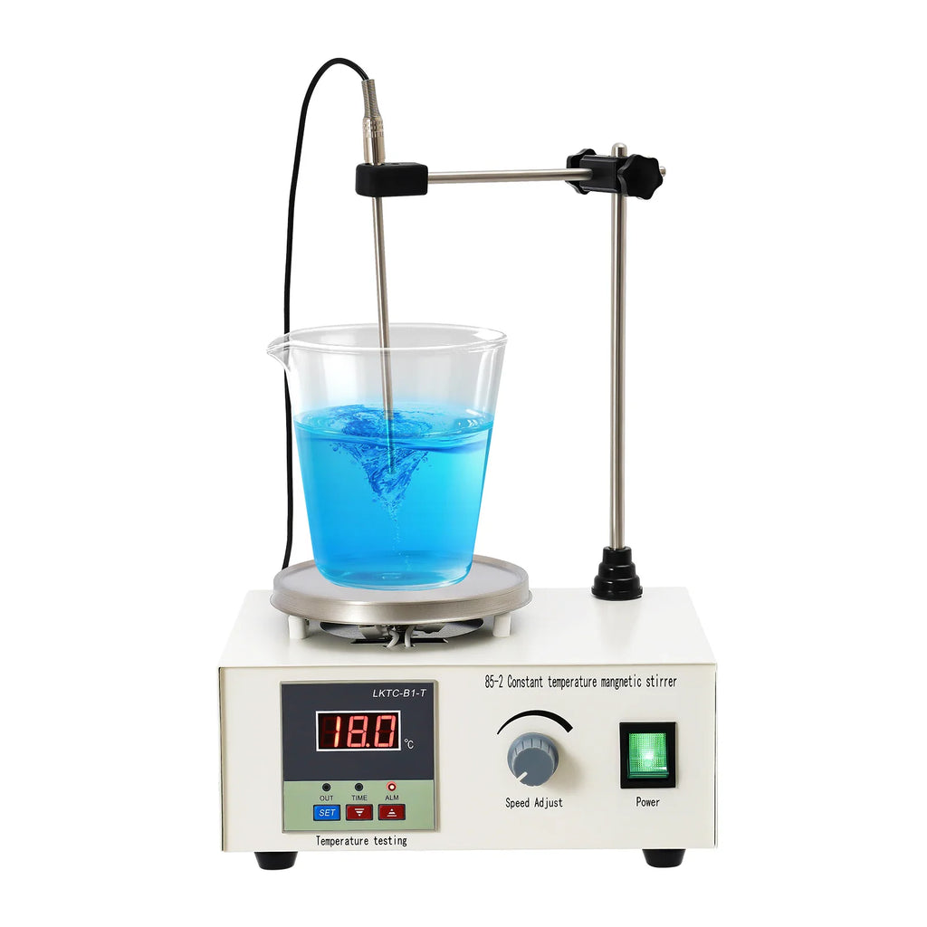 Digital magnetic stirrer in ivory color with a stainless steel heating plate and digital control panel.