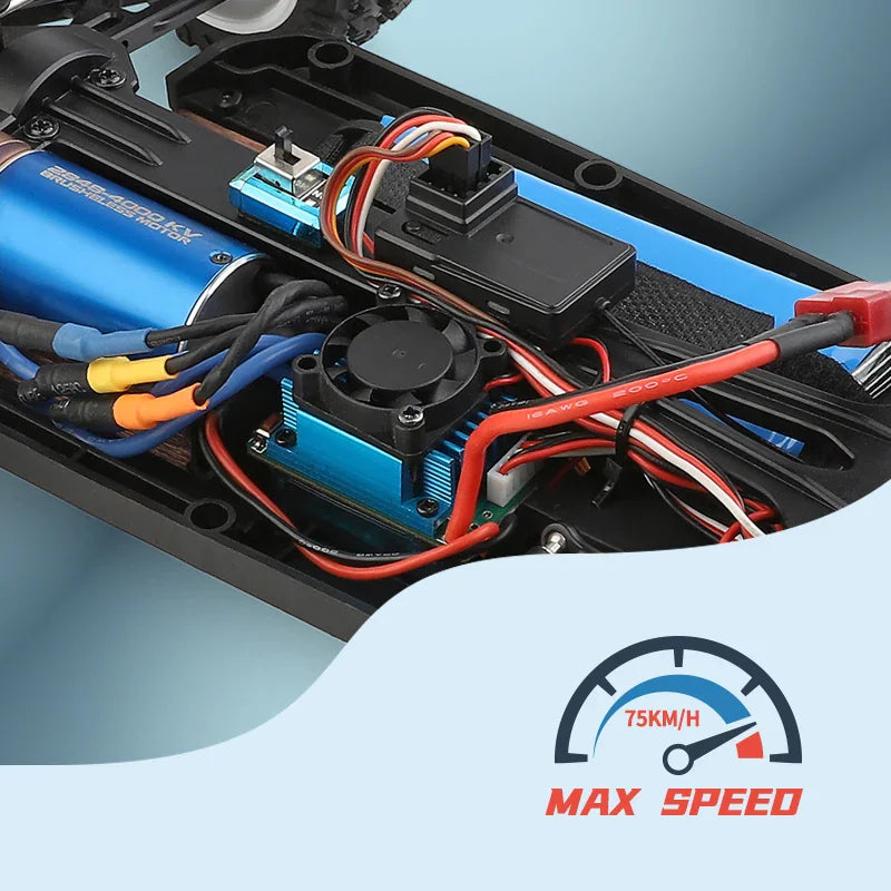 Close up internal view of the brushless motor, electronics and wiring of a blue and white remote control racing car