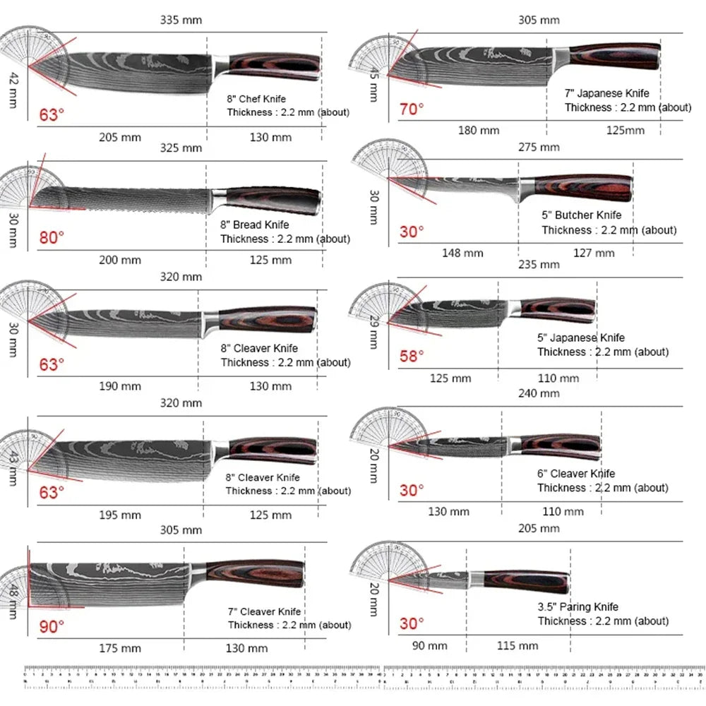 Dimensional technical diagrams showing the sizes and blade angles of various kitchen knives.