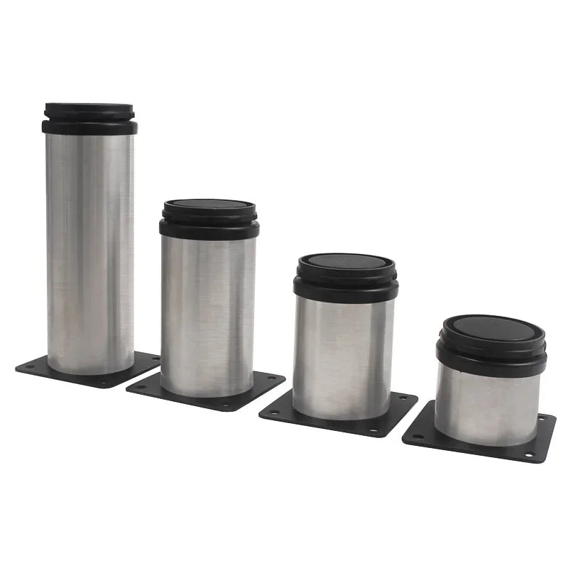 Four stainless steel furniture legs of different heights arranged in a row with black bases and mounting plates