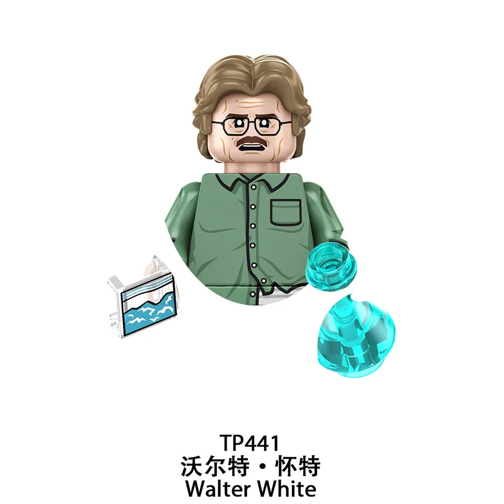 A mini figure of an older man with glasses wearing a green shirt, included with building block accessories