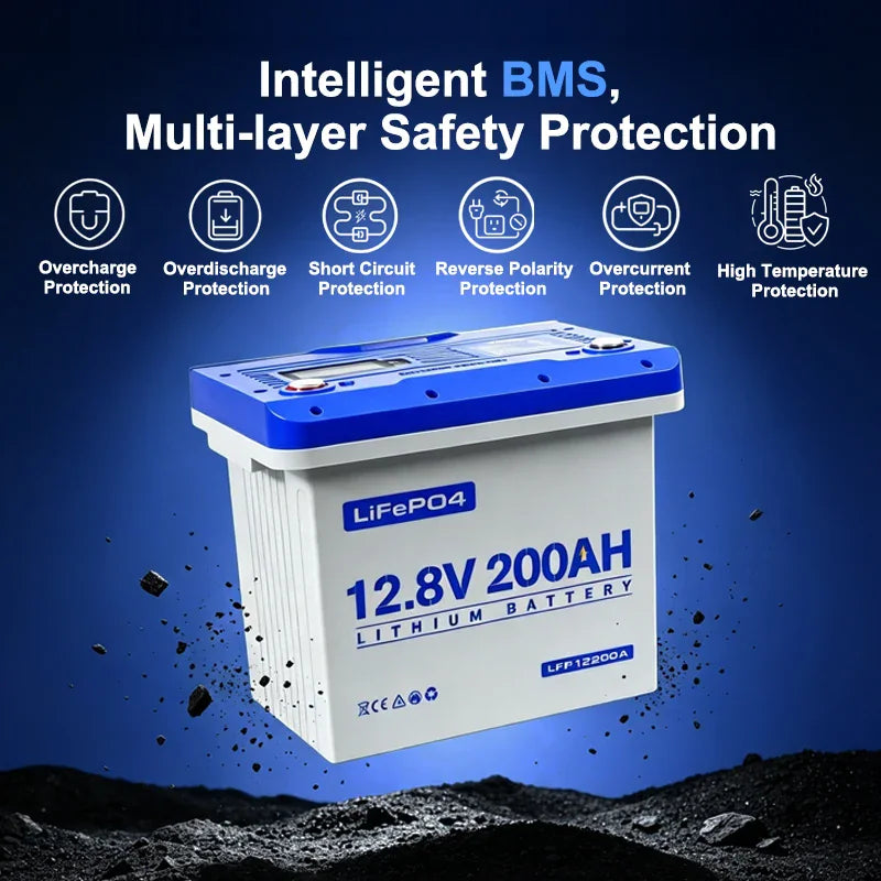 12.8V 200AH lithium battery with floating safety protection icons and text