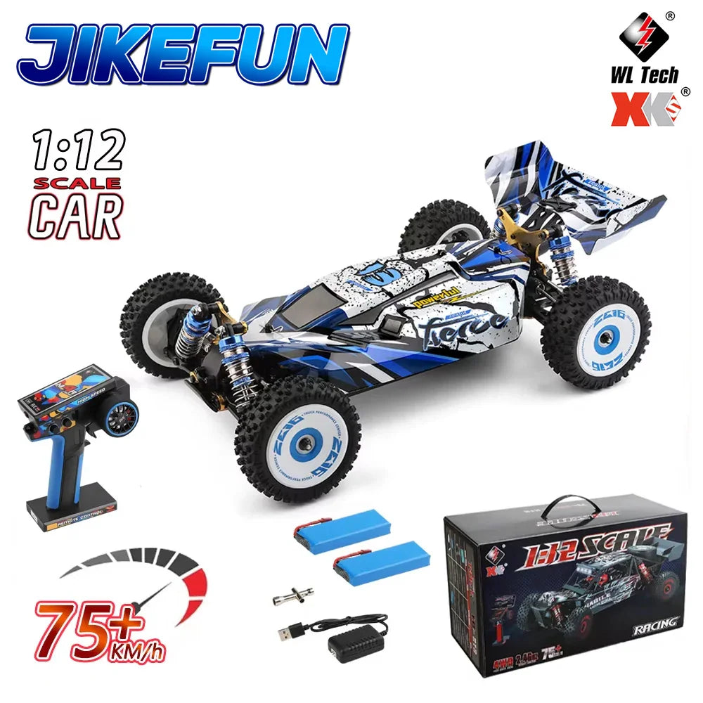 1/12 scale blue and white brushless remote control racing car with batteries, charger and controller