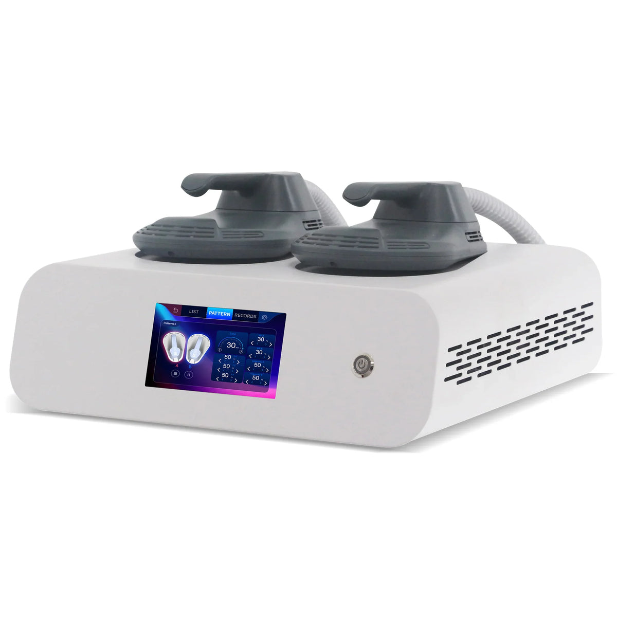 Portable electromagnetic body sculpting and muscle stimulation machine with two applicators and touch screen interface