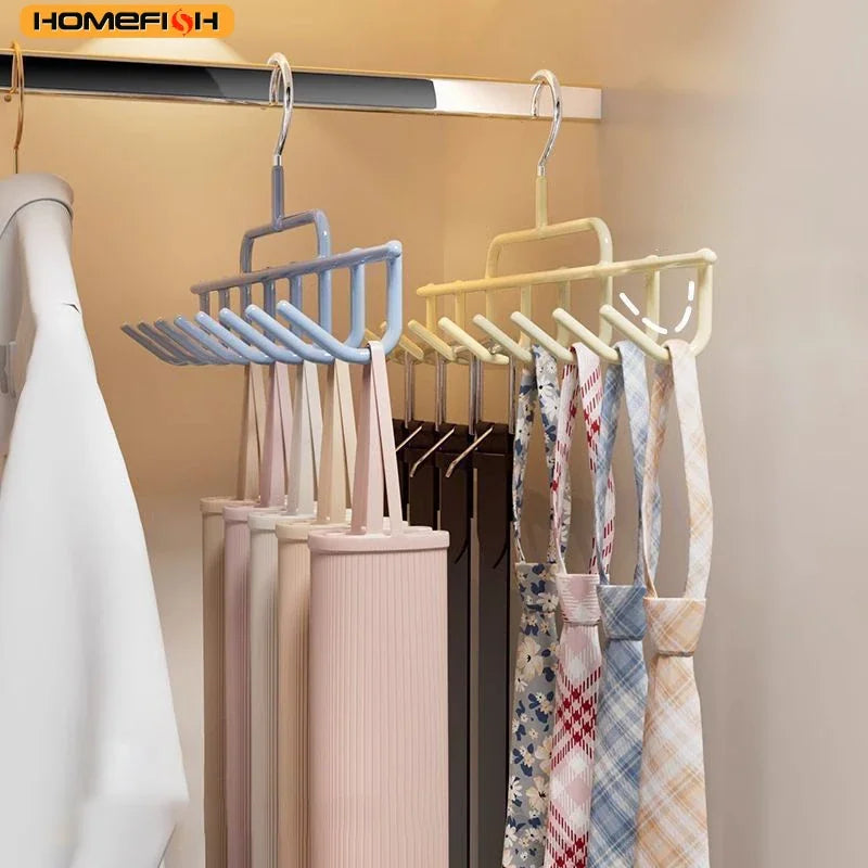 Multi-hook clothes hanger organizer for ties and accessories in light blue and yellow