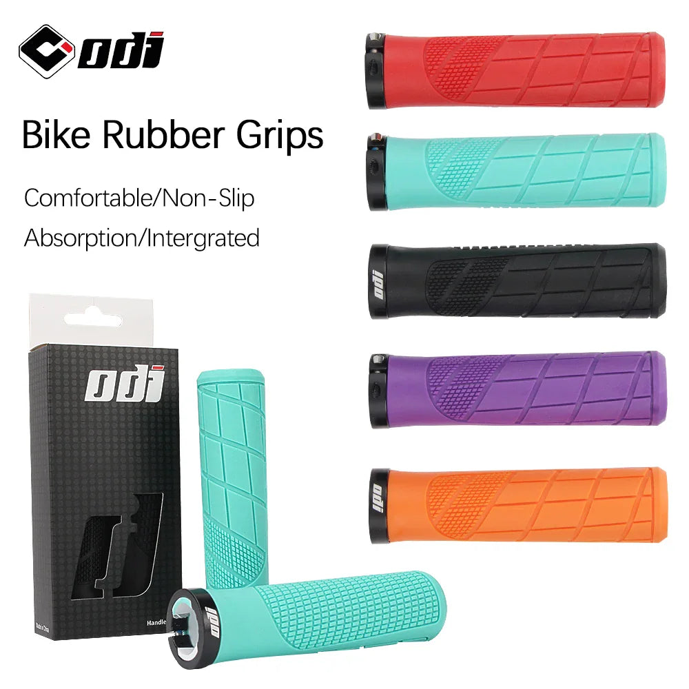 A set of colourful rubber mountain bike handlebar grips available in red, blue, black, purple, and orange with box