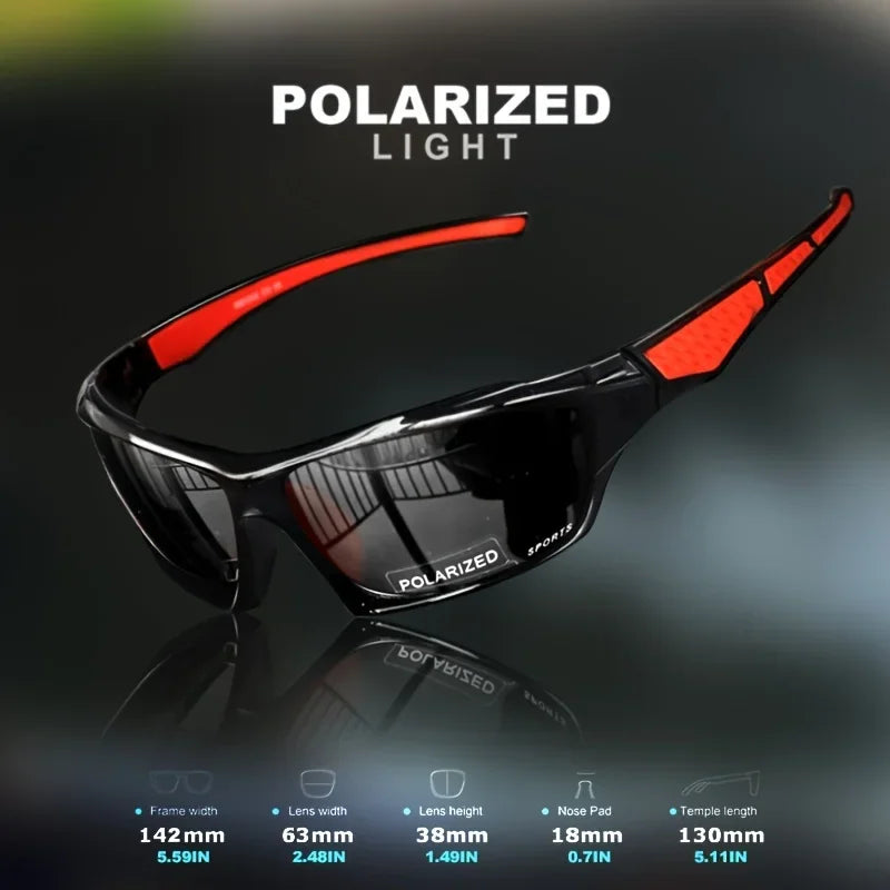 Polarized sports sunglasses with dimensions and measurements text overlay.
