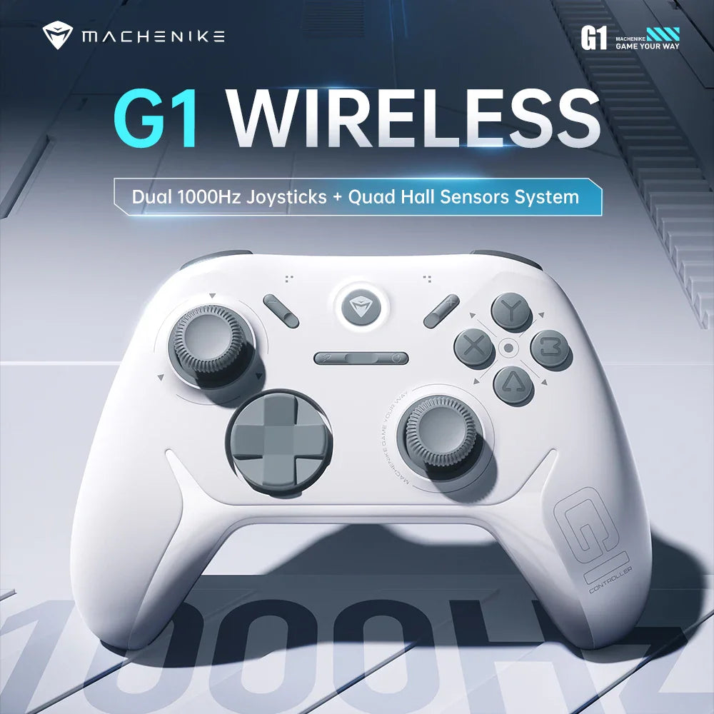 White wireless gaming controller with dual joysticks and feature highlights