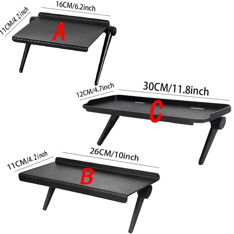 Three different sizes of adjustable screen top storage shelves labeled with dimensions in centimeters and inches