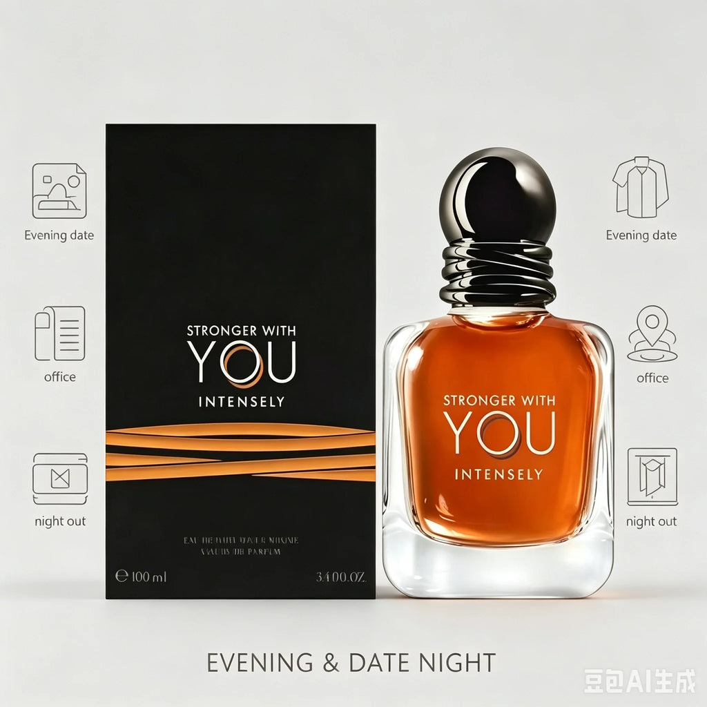 Men's amber perfume bottle with black box packaging, 100ml size, with text overlays describing use cases