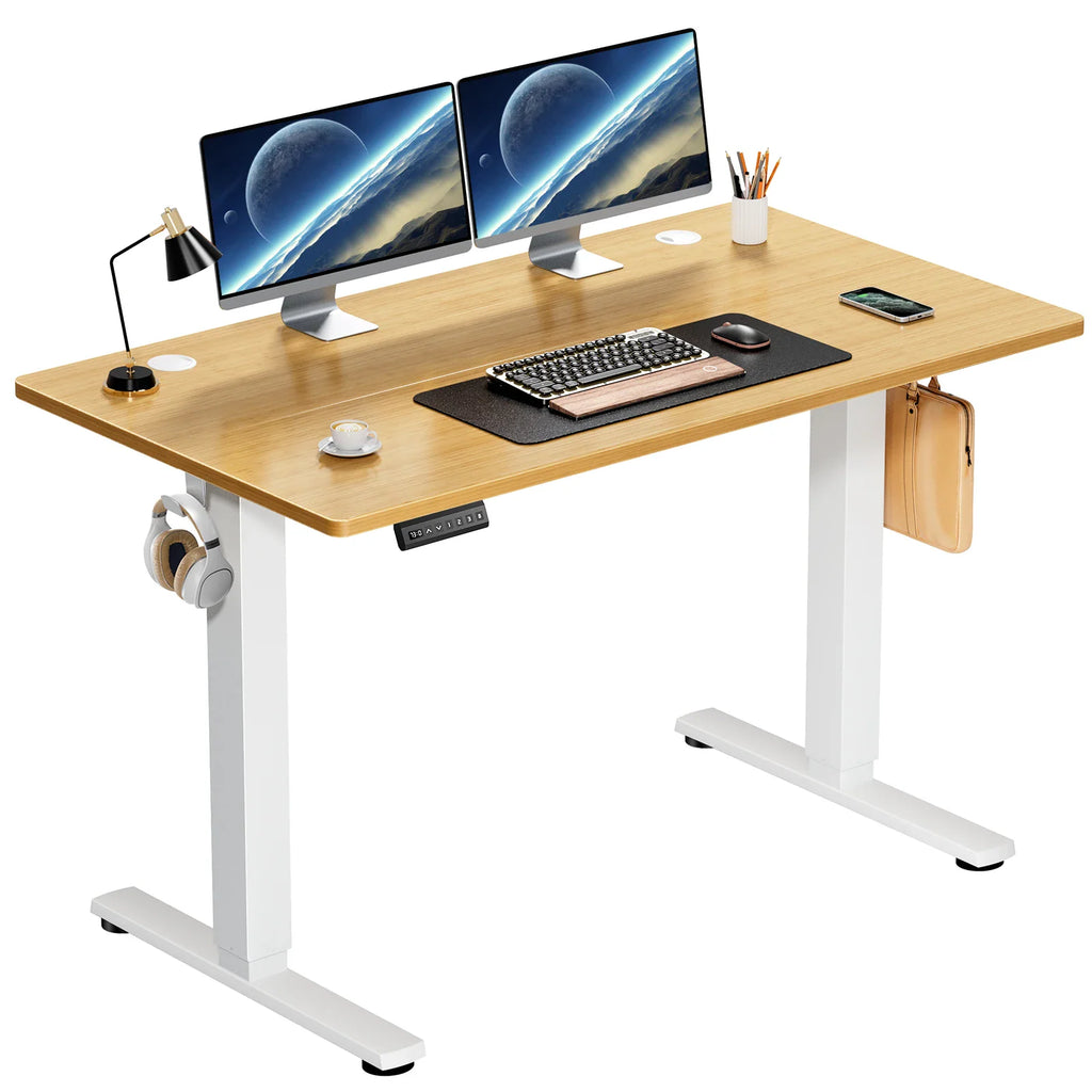 Electric height adjustable standing desk with light wood top and white legs