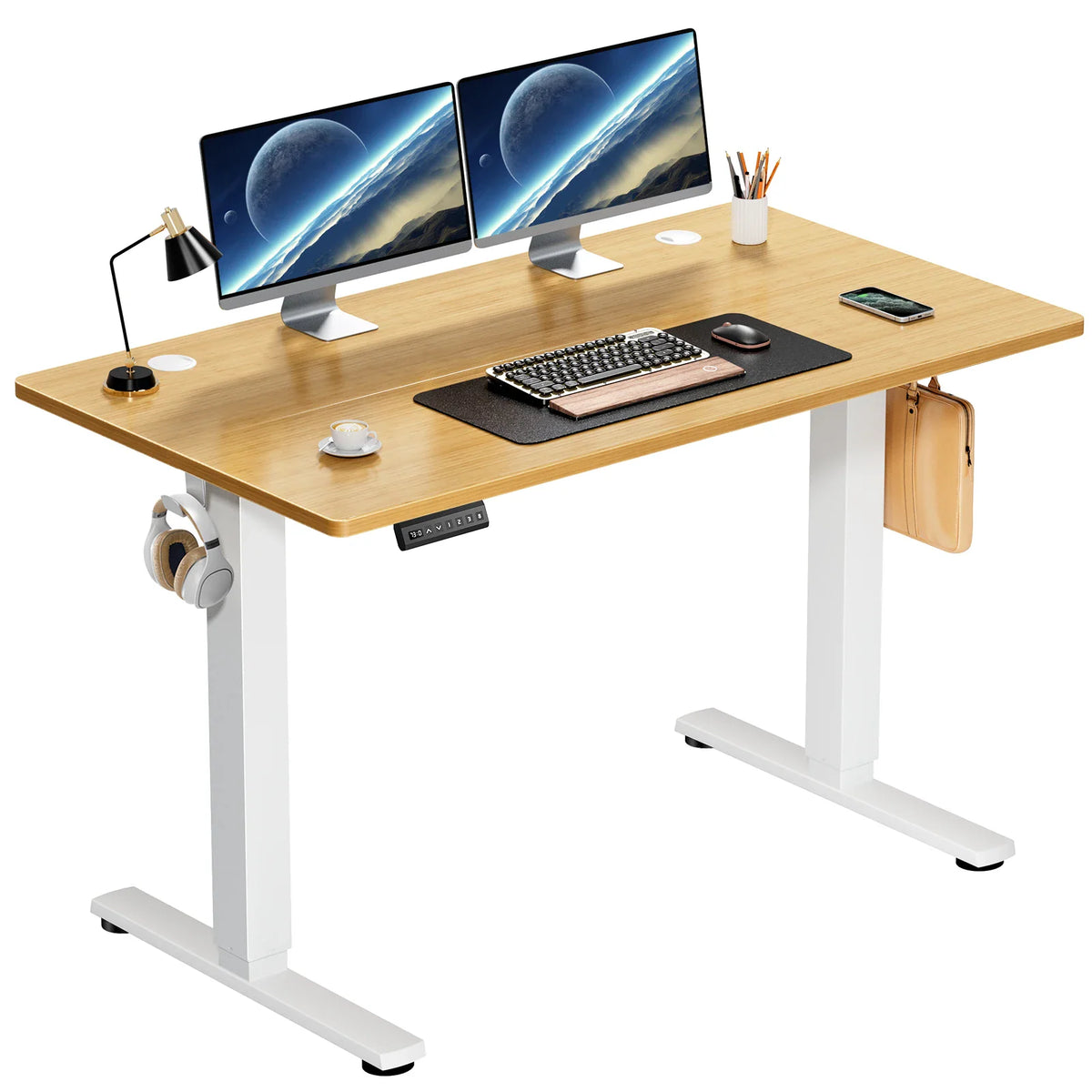 Electric height adjustable standing desk with light wood top and white legs