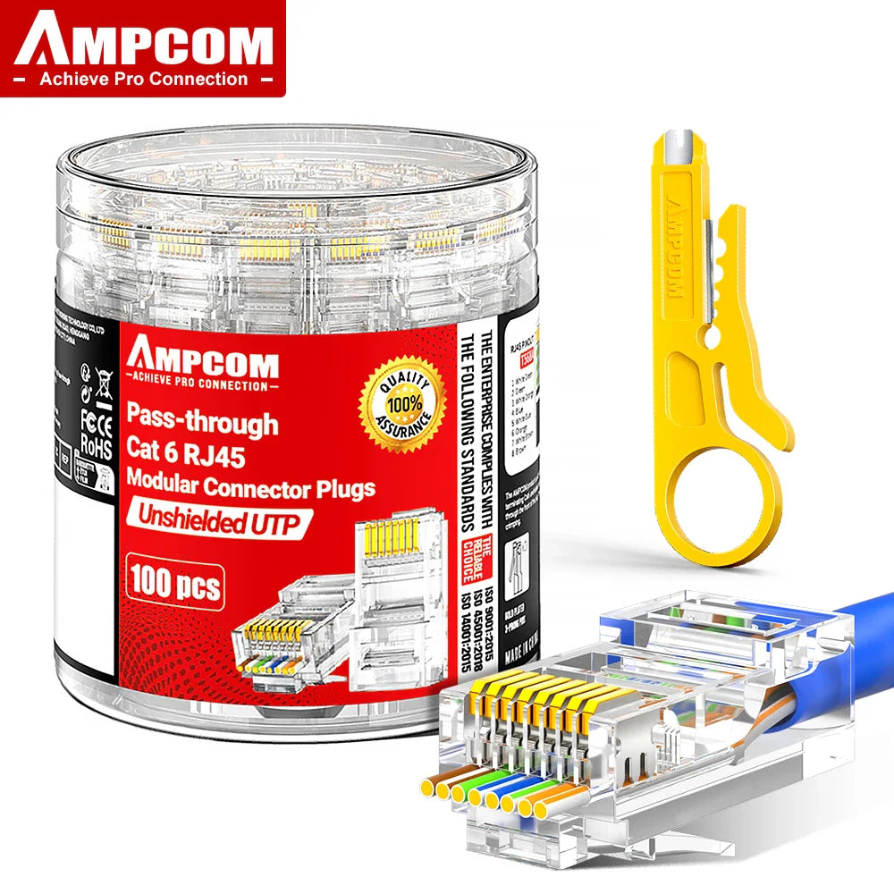 CAT6 RJ45 pass-through modular connector plugs in a container with a crimping tool