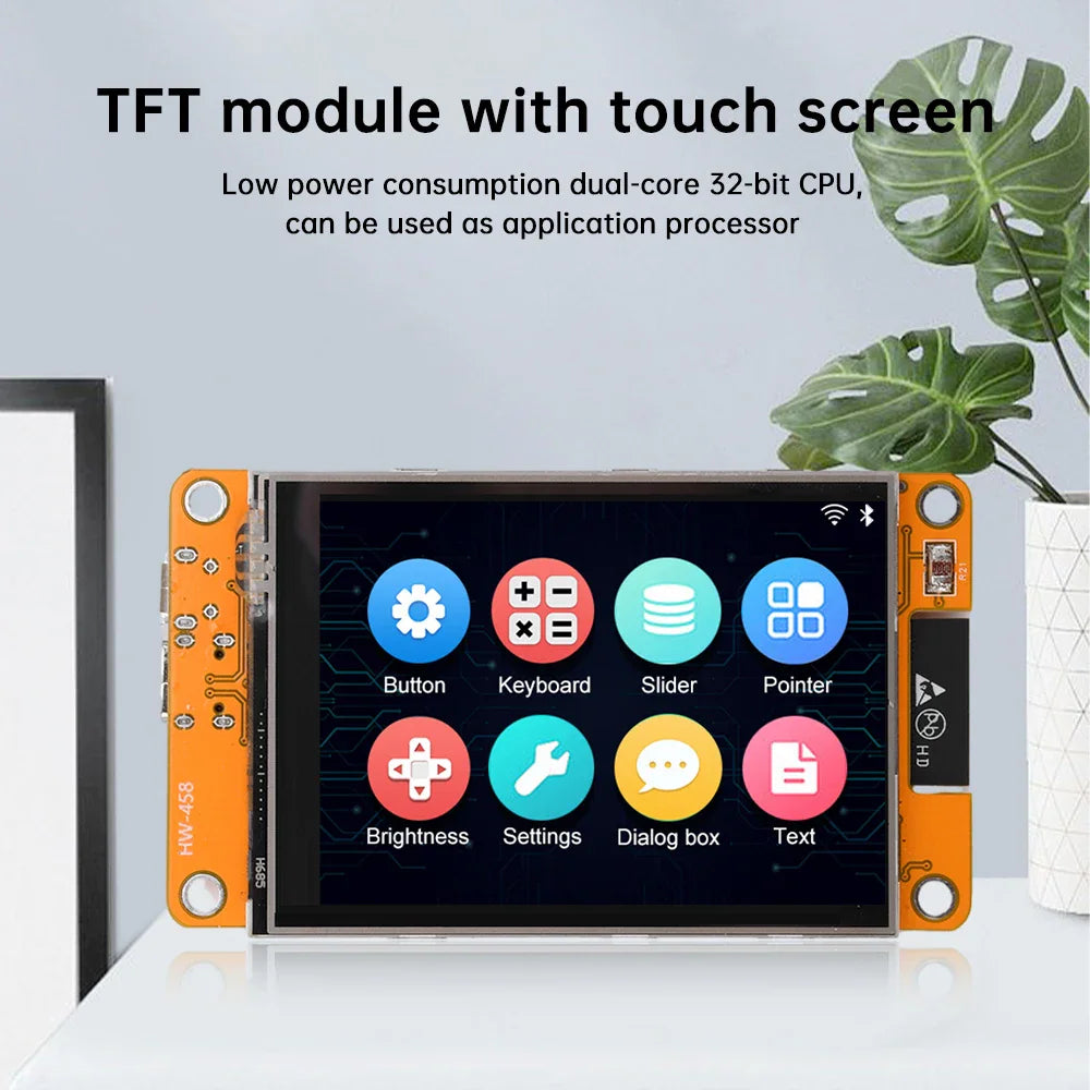 ESP32 development board with touchscreen displaying icons next to a plant