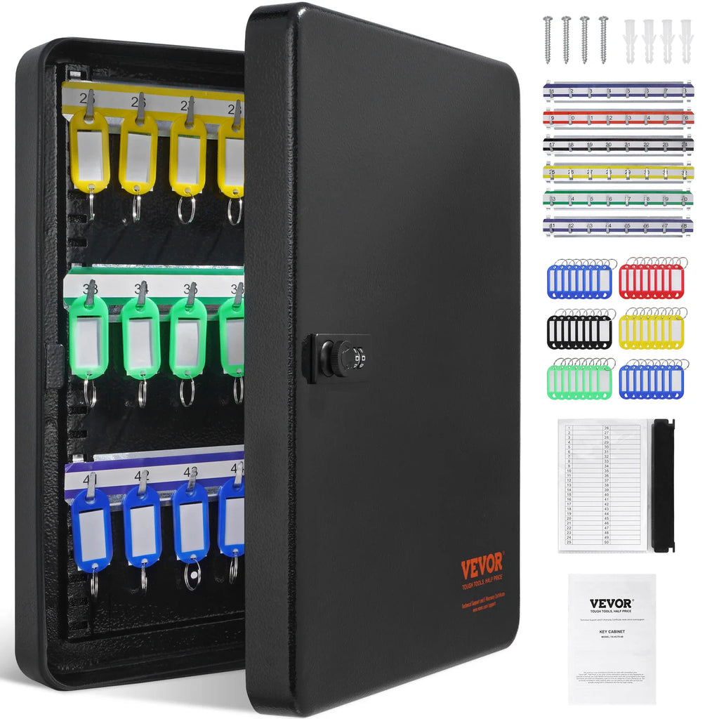 Black wall-mounted key cabinet with 200 position slots and colorful key tags, shown with included mounting hardware.