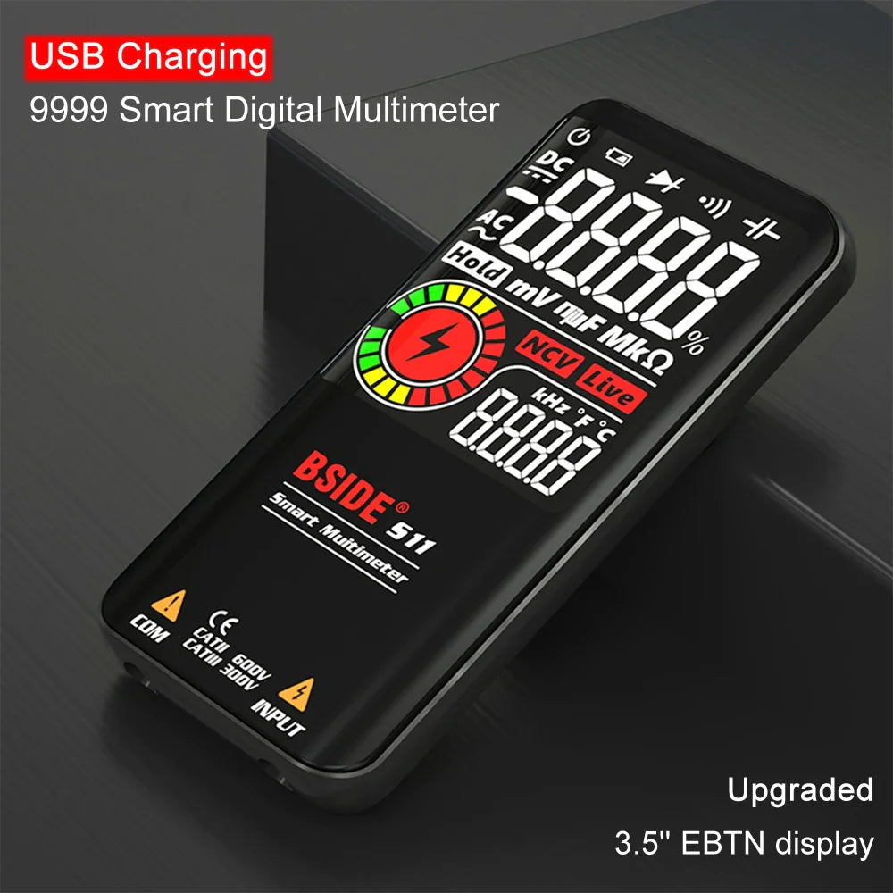 Digital multimeter with a clear screen showing testing parameters