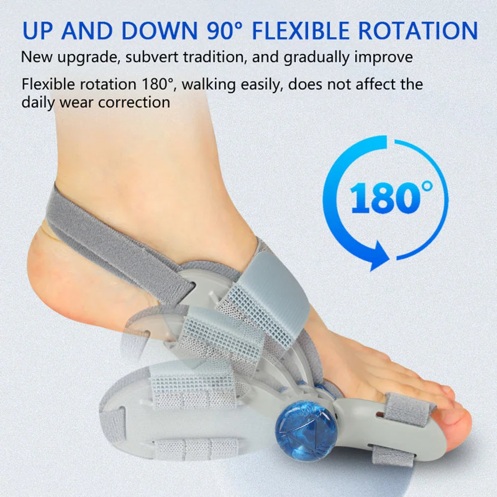Foot wearing a grey adjustable bunion splint with a 180-degree rotation feature