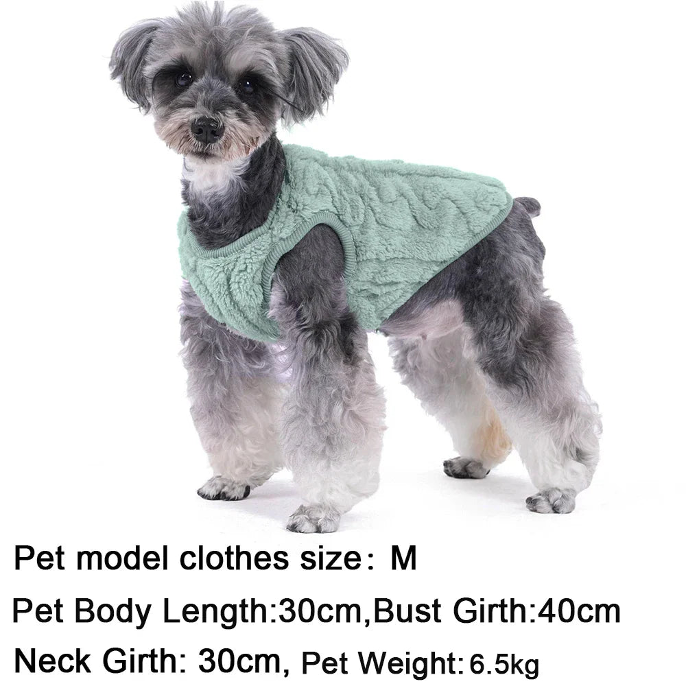 A small dog wearing a green fleece vest with size measurement text.