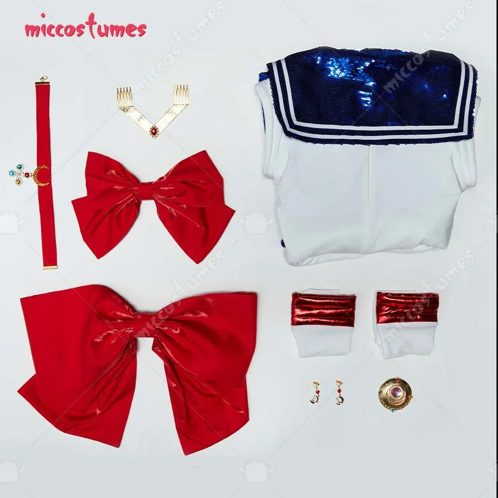Flat lay of sailor-style cosplay dress, red bows, gloves, and jewelry accessories