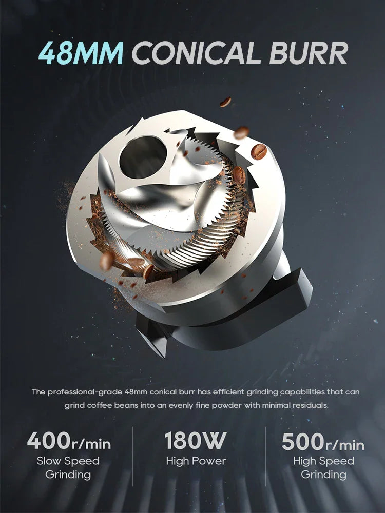 Close-up detail of the 48mm conical burr grinding mechanism with performance specifications